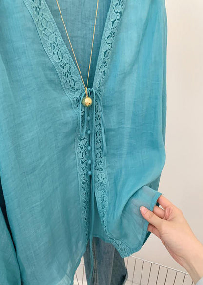 Blue V Neck Hollow Out Top Fall