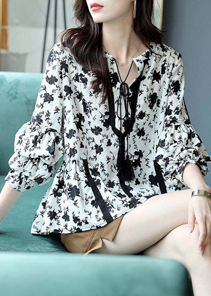Black White Colour V Neck Print Lace Patchwork Chiffon Shirts Long Sleeve