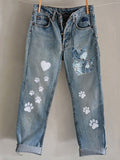 Comstylish Funny Animal Embroidered Print Jeans