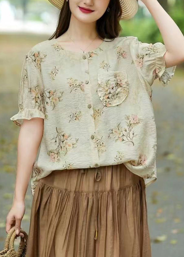 Loose Light Green Print Button Patchwork Linen Shirts Summer