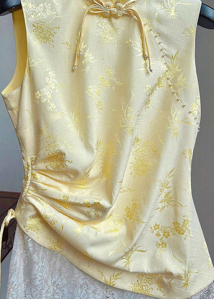 Yellow Stand Collar Print Drawstring Silk Waistcoat Sleeveless