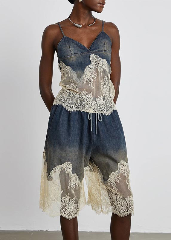 Navy Lace Patchwork Denim Vests and Skirts Two Pieces Set Summer