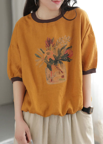 Yellow Oversized Patchwork Print Linen Tank Tops Short Sleeve