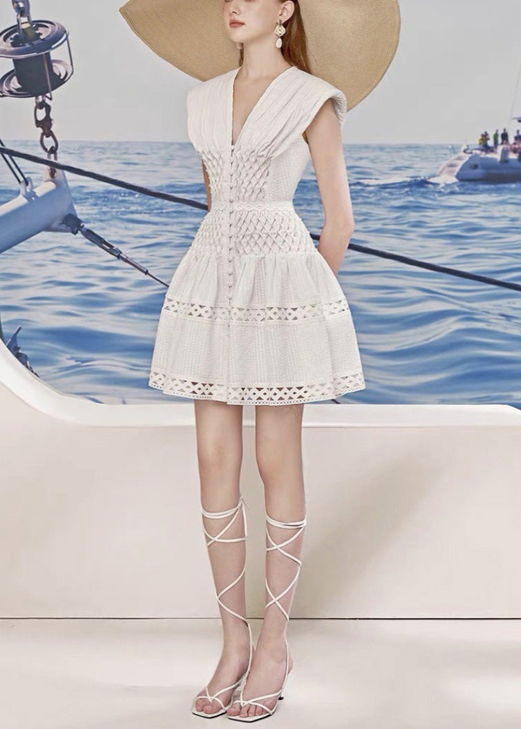 White V Neck Hollow Out Cotton Mid Dress Summer