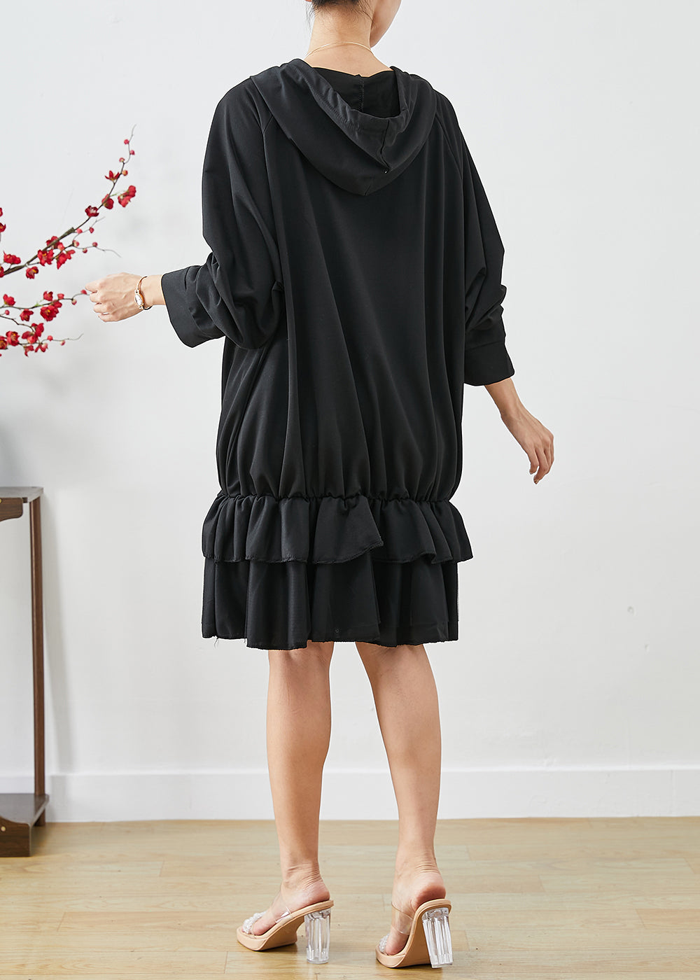 Black Oversized Patchwork Ruffles Cotton Dress Fall
