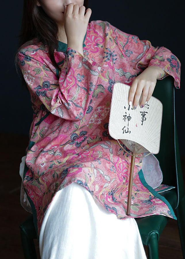 Pink Button Stand Collar Side Open Print Linen Tops Long Sleeve