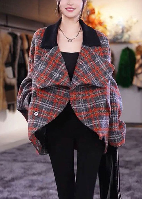 Plaid Peter Pan Collar Pockets Woolen Coats Long Sleeve