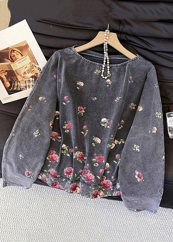 Grey O-neck Rose Print Cotton T Shirts Fall