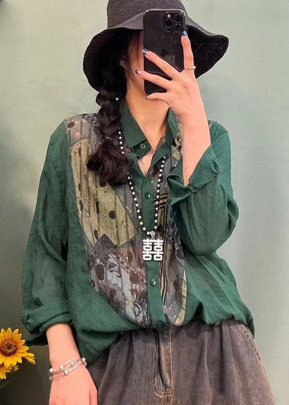 Style Orange Button Peter Pan Collar Print Patchwork Shirt Spring