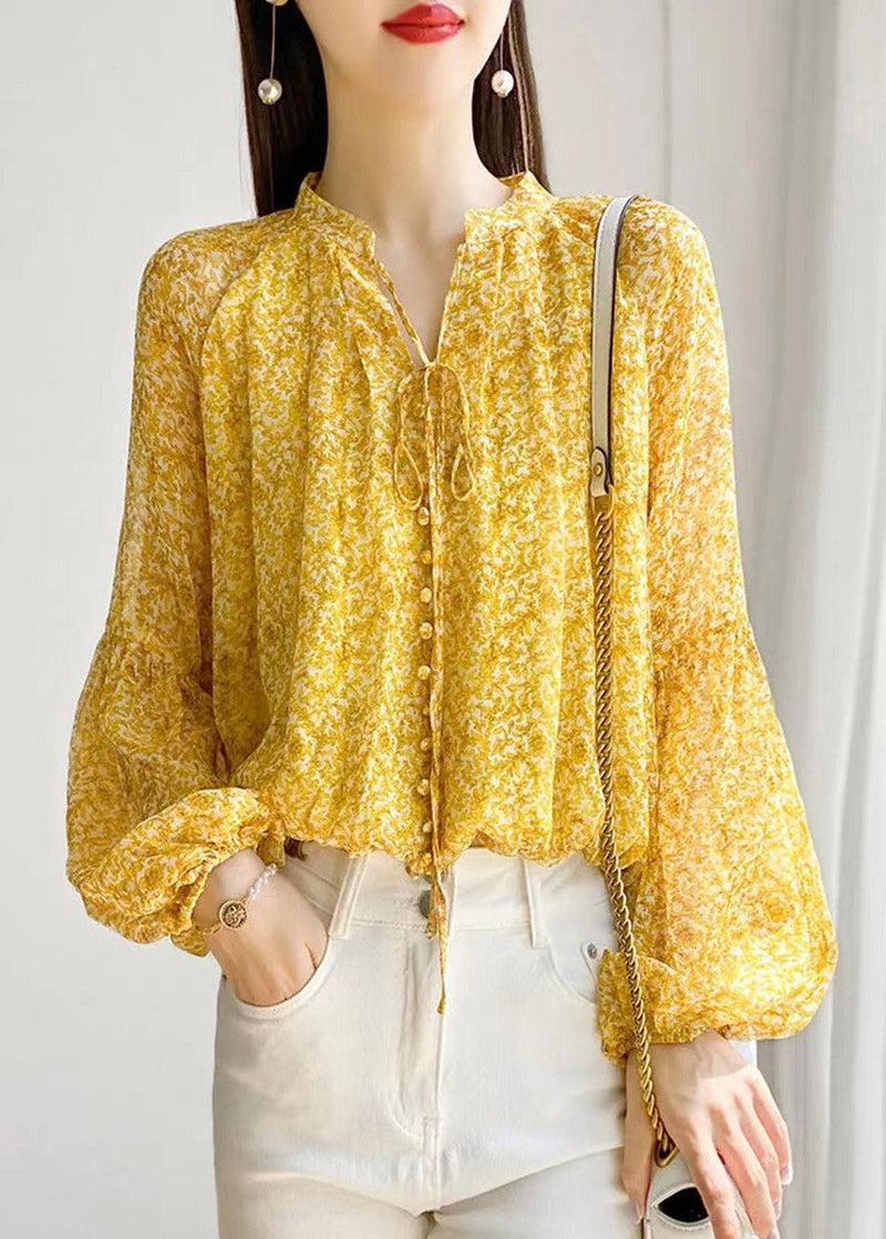 Yellow Stand Collar Print Button Lace Up Chiffon Shirt Long Sleeve