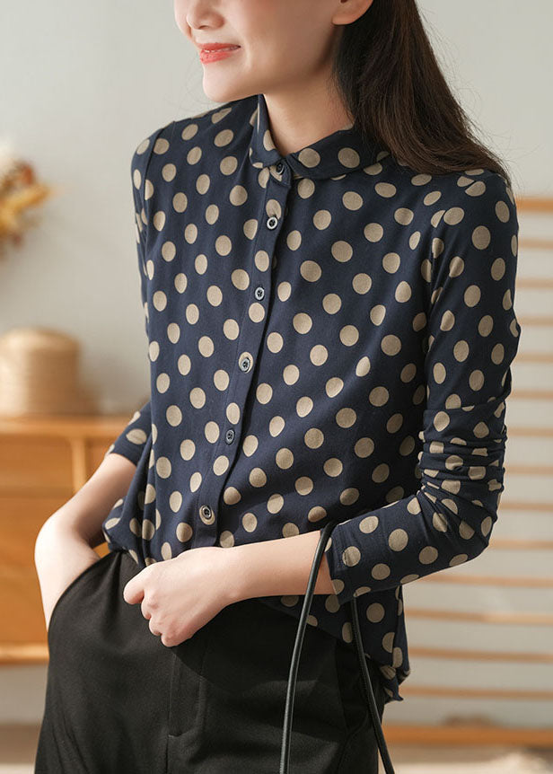 Navy Peter Pan Collar Dot Print Cotton Shirt Tops Fall