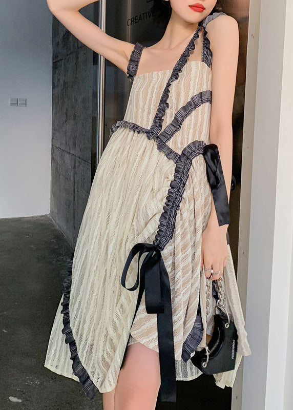 Apricot Slash Neck Patchwork Wrinkled Silk Slip Dresses Summer