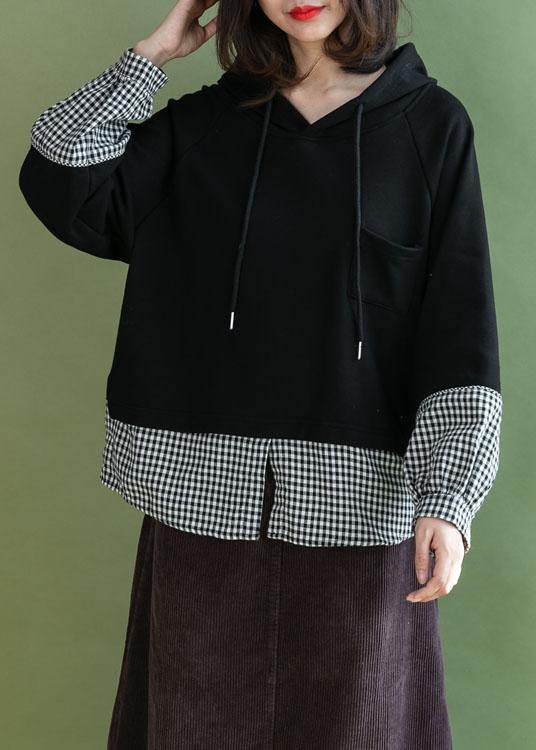 Stylish Black Patchwork Plaid Pockets Fall Loose Pullover Street Wear