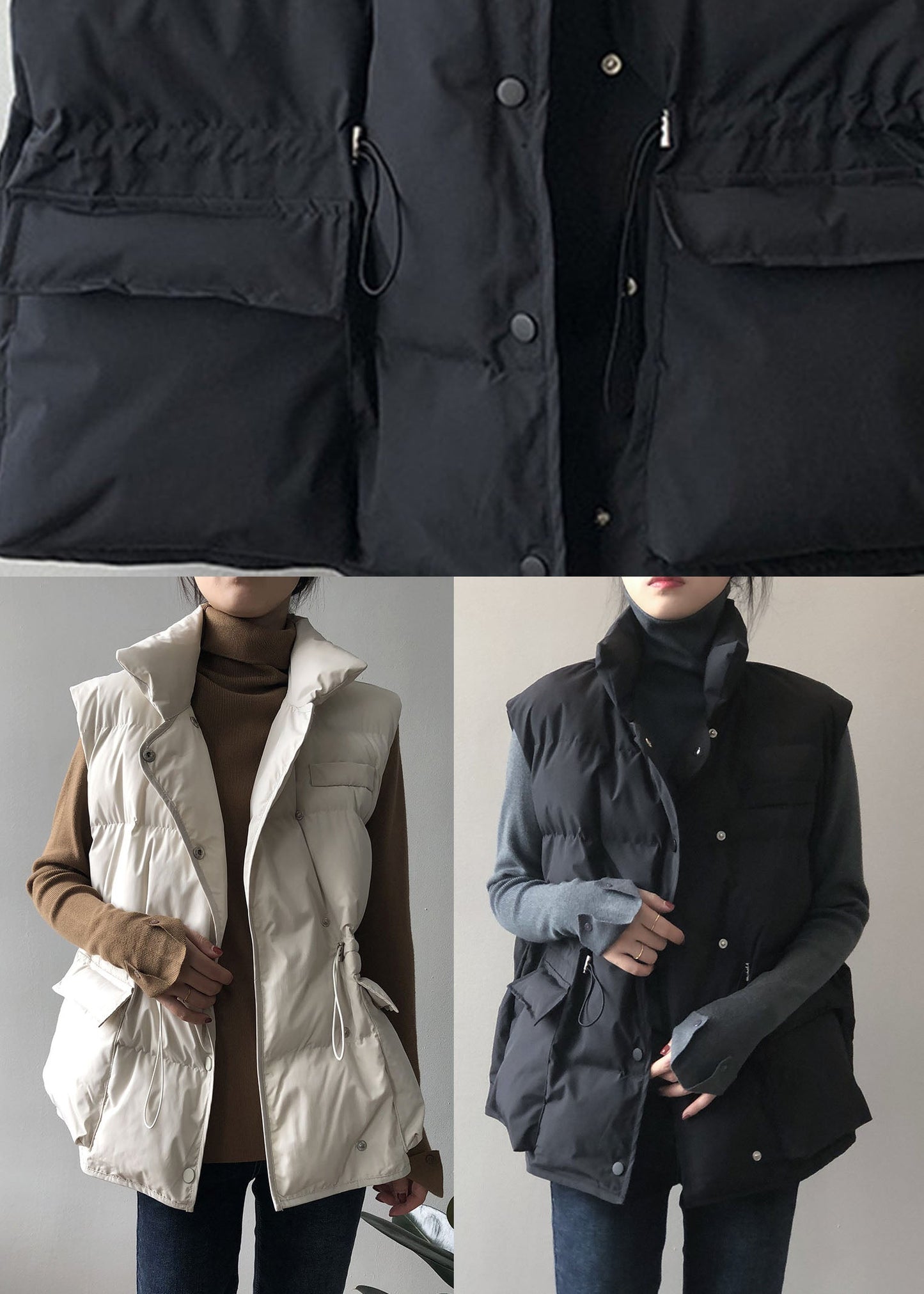 White Button Drawstring Winter Sleeveless Down Vest