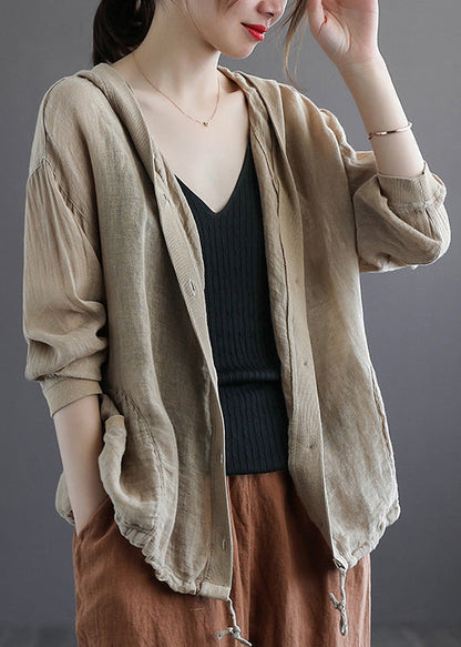 Lus Size Khaki Hooded Button Drawstring Cotton Coat Fall