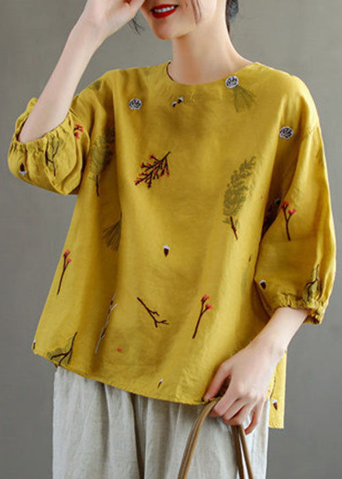 Yellow O-neck Embroideried Linen Tank Top Lantern Sleeve
