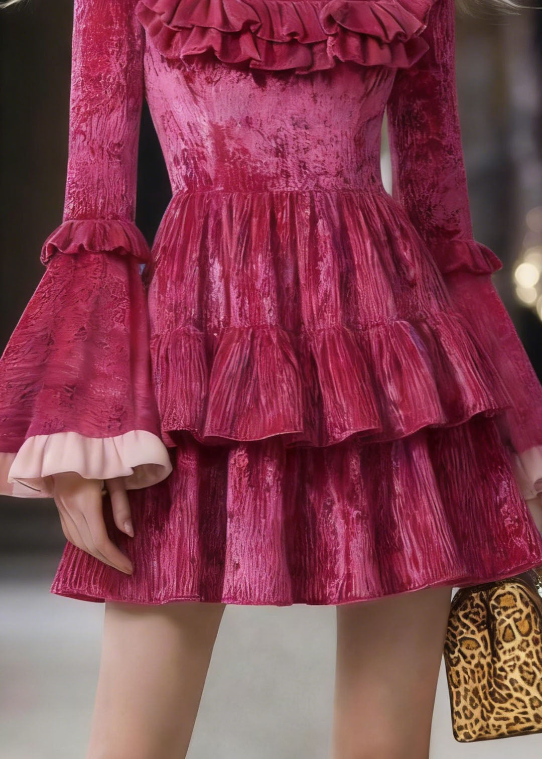 Rose Square Collar Ruffled Patchwork Mini Dresses Flare Sleeve