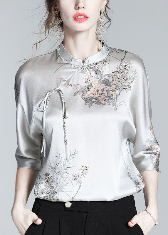Silk Stand Collar Oriental Satin Shirt Top Half Sleeve Blouse
