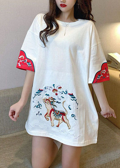 White O-neck Embroideried Tanks Short Sleeve