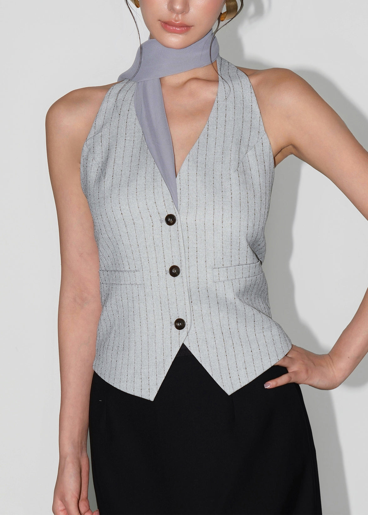 Navy V Neck Striped Button Vest Sleeveless