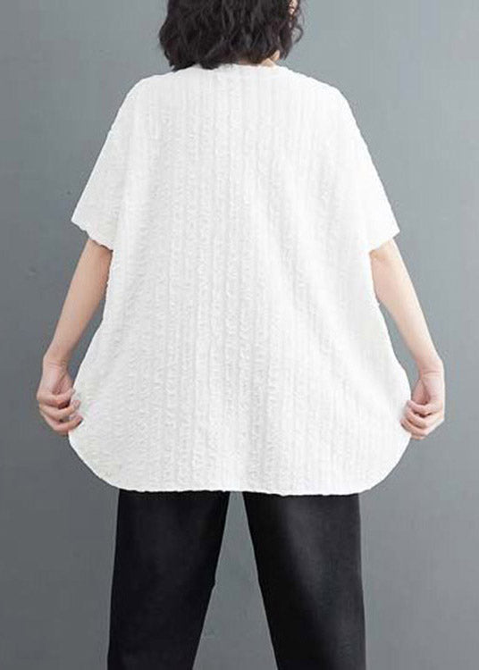 White O-neck Side Open Cotton Top Short Sleeve