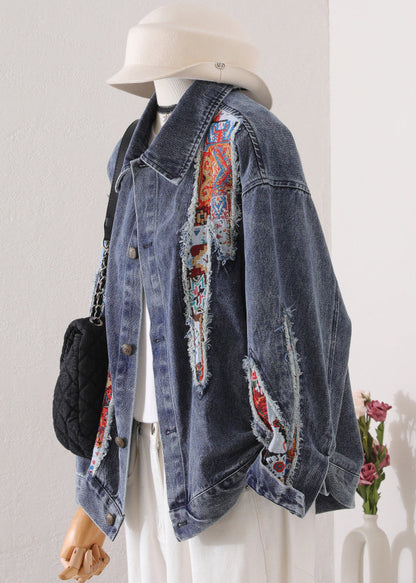 Blue Peter Pan Collar Patchwork Denim Coat Fall