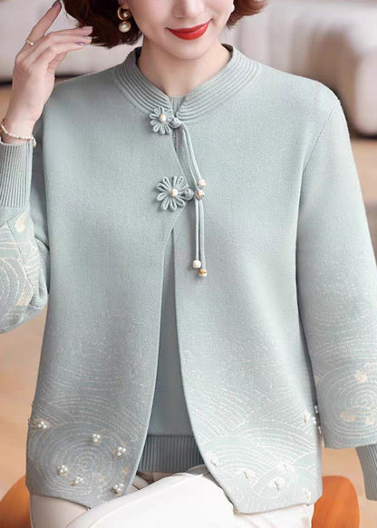Blue Stand Collar Cotton Knit Coats Three Quarter Sleeve