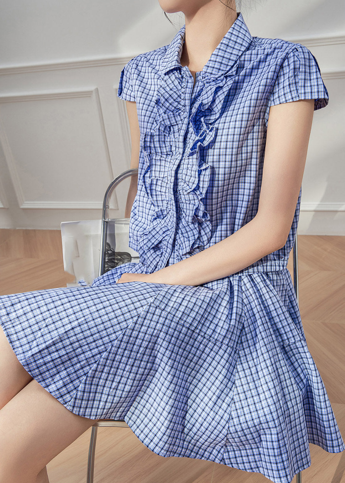 Blue Plaid Peter Pan Collar Shirt and Skirts Two Piece Set Summer