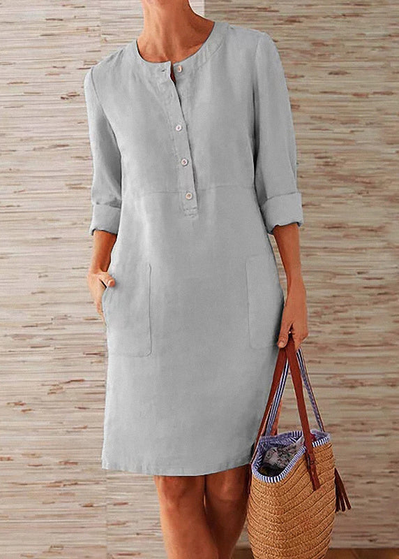 Orange O Neck Pockets Cotton Dress Fall
