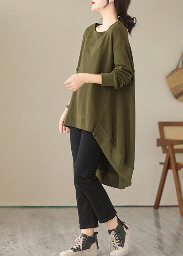 Black O Neck Low High Design Cotton Tops Spring