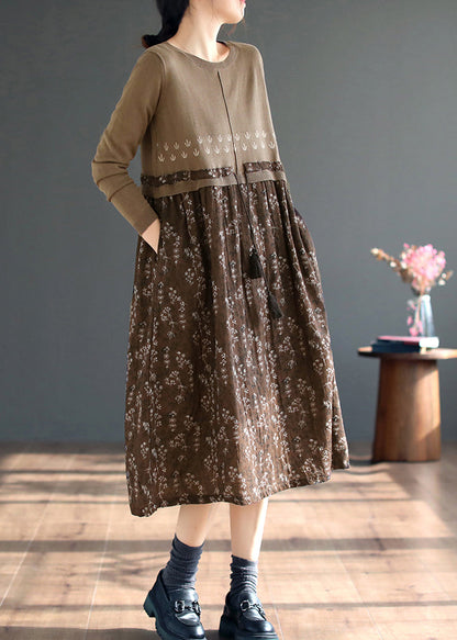 Coffee O Neck Print Patchwork Knitting Dress Fall