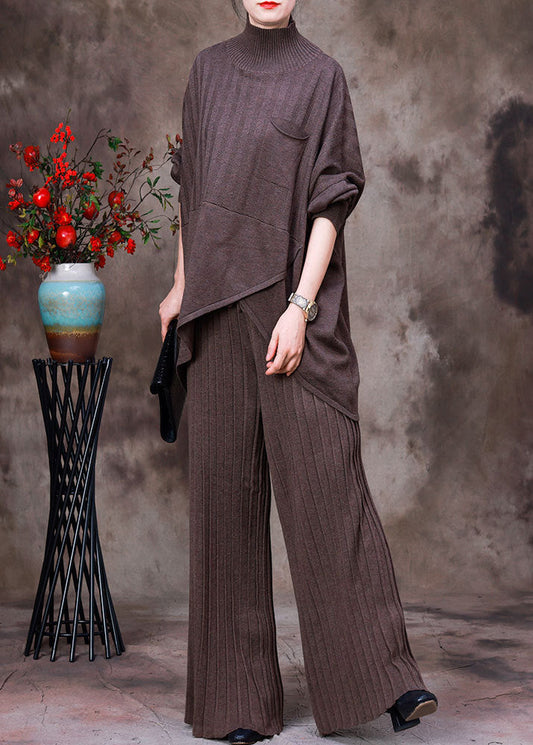 Dark Chocolate Colour Asymmetrical Knit Sweaters and Pants Two Piece Set Fall