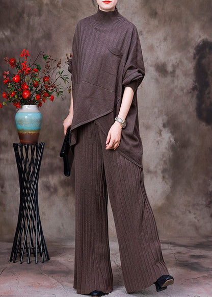 Dark Chocolate Colour Asymmetrical Knit Sweaters and Pants Two Piece Set Fall