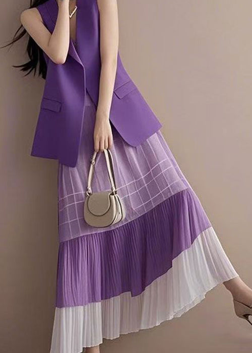 Pink V Neck Waistcoat and Wrinkled Skirts Two Pieces Set Sleeveless