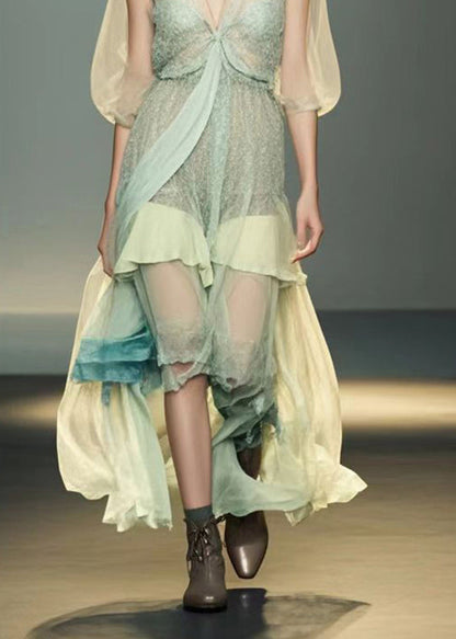 Light Green V Neck Patchwork Silk Holiday Dress Summer