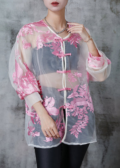 Pink Embroidered Organza Upf 50+ Tops Summer