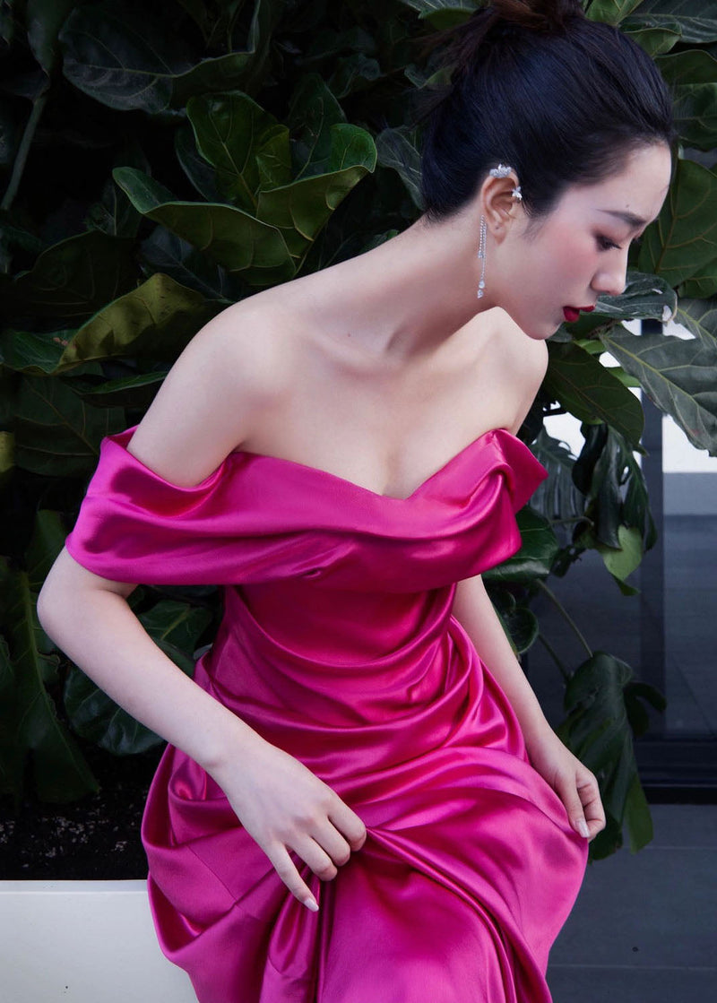 Rose Bustier Top Side Open Silk Maxi Dresses Short Sleeve Summer