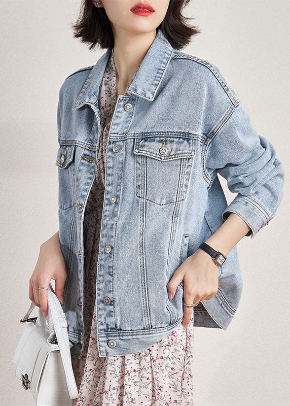 Light Blue Peter Pan Collar Oversized Pockets Denim Coats Spring