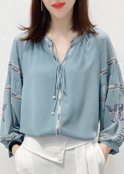 Blue Embroideried V Neck Chiffon Shirt Top Three Quarter Sleeve