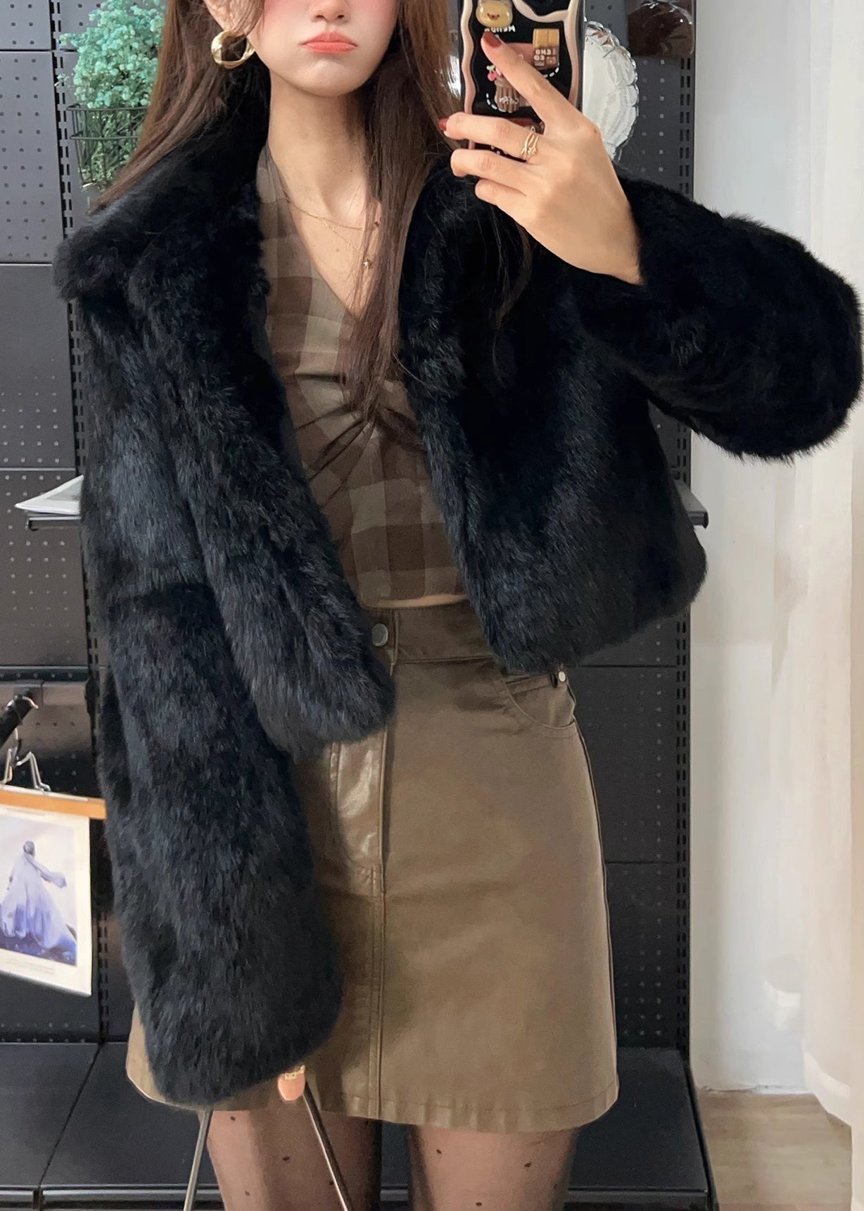 Boutique Coffee Peter Pan Collar Leather and Fur Jackets Spring