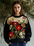 Comstylish Vibrant Floral Embroidery Women's Crew Neck Sweatshirt