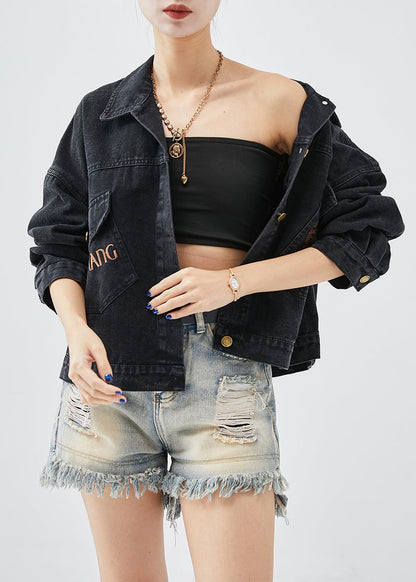 Boutique Black Embroideried Letter Butterfly Denim Jacket Spring