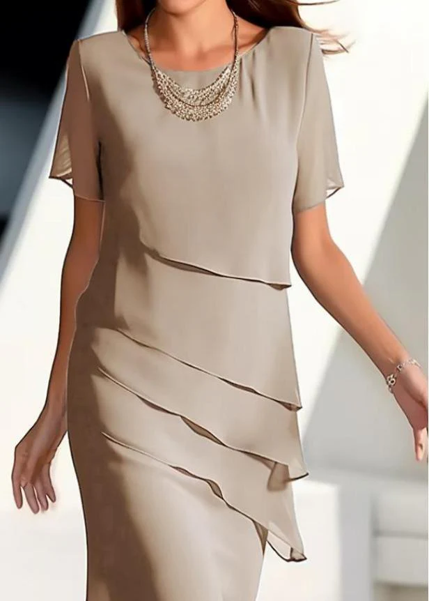 French Khaki O-neck Layered Chiffon Maxi Dresses Short Sleeve