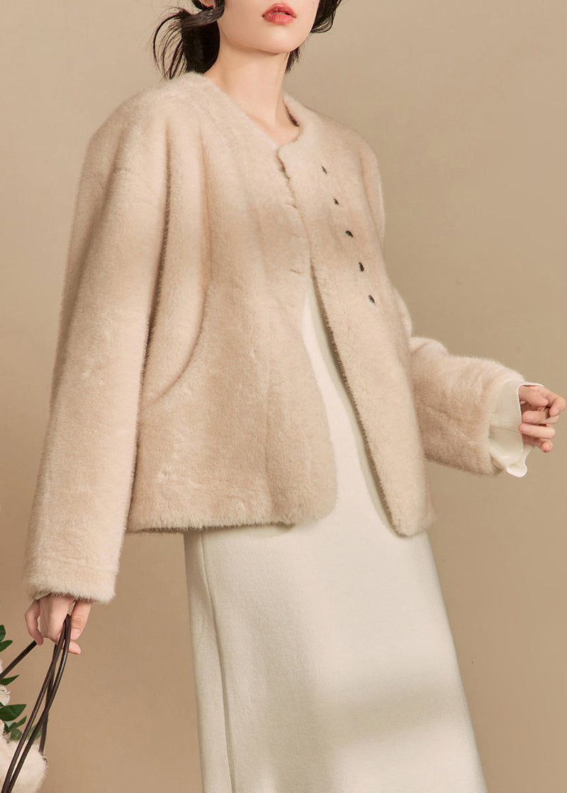 Apricot O-neck Button Fluffy Coats Winter