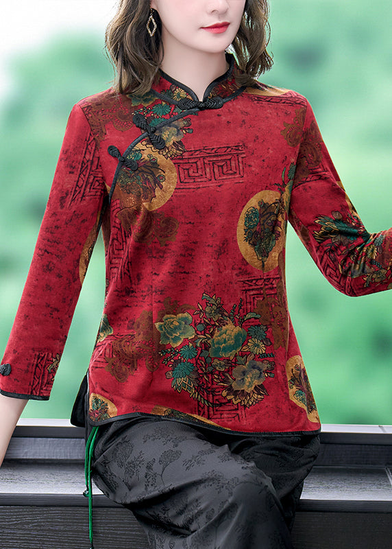Red Mandarin Collar Chinese Button Print Silk Shirt Top Bracelet Sleeve