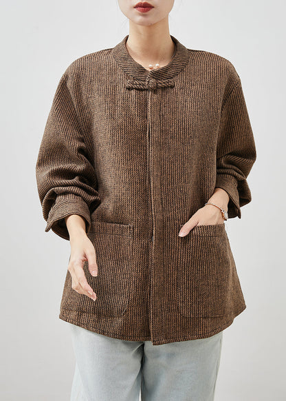 Brown Chinese Button Pockets Cotton Coats Spring