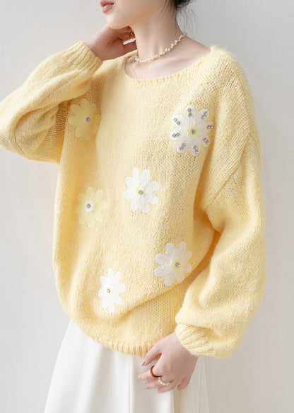 Fine Yellow Oversized Rhinestone Knit Sweaters Winter