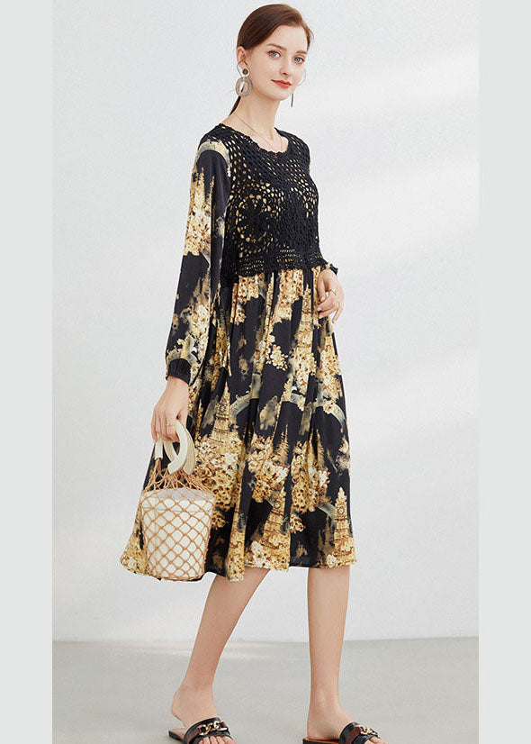Black Hollow Out Print Dress Spring
