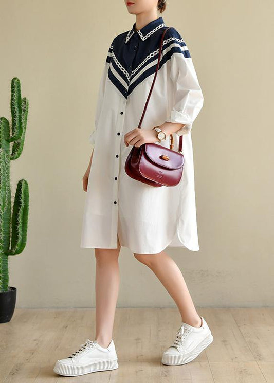 White Patchwork Peter Pan Collar Cotton Long Sleeve Spring Dresses