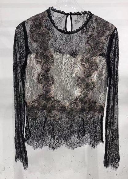 Black Hollow Out O-neck Embroideried Lace Top Long Sleeve